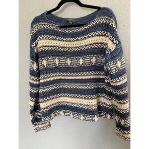 Lauren Jeans Co Ralph Lauren Sweater L Linen Cotton Navy Cream Fair Isle Knit